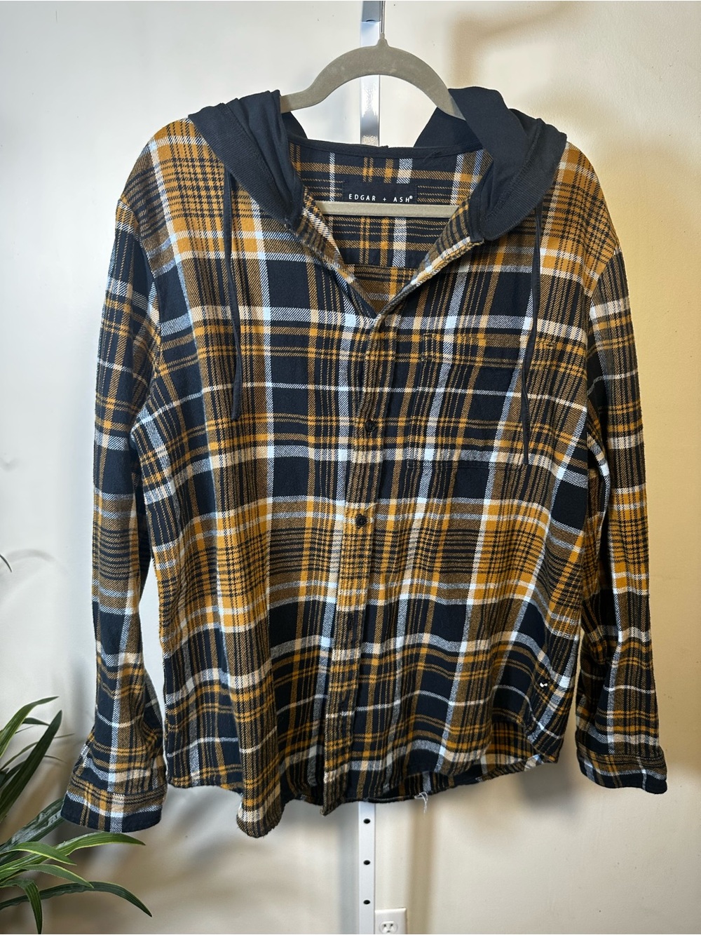 N146. Edgar + Ash Men's Black and Mustard Plaid Button-Down Hooded Shirt Large